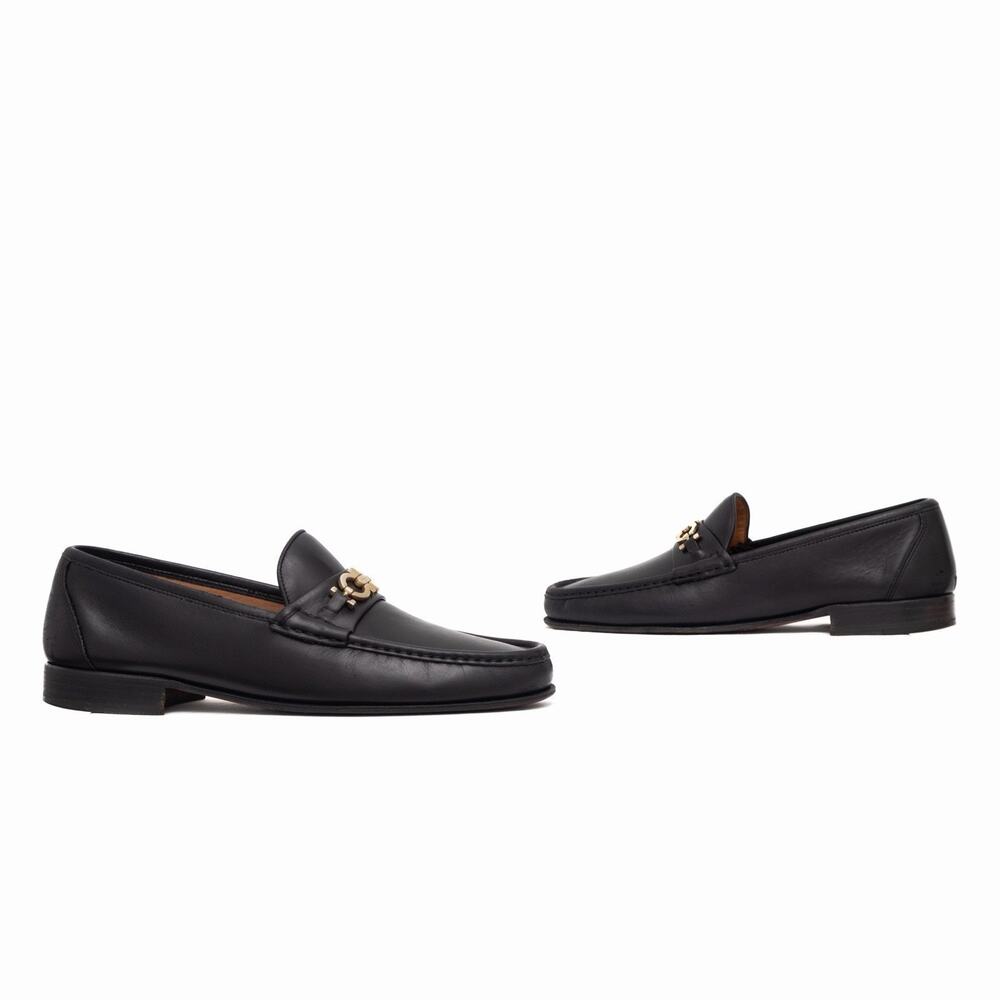 950$ SALVATORE FERRAGAMO Black Leather Gold Gancini Bit Loafers US 10.5 D
